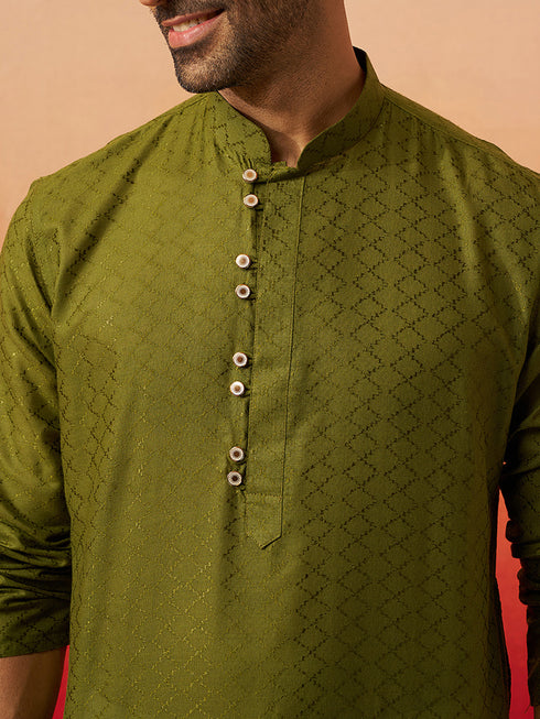 Vastramay Men Mehendi Green Cotton Geometric Jacquard Kurta